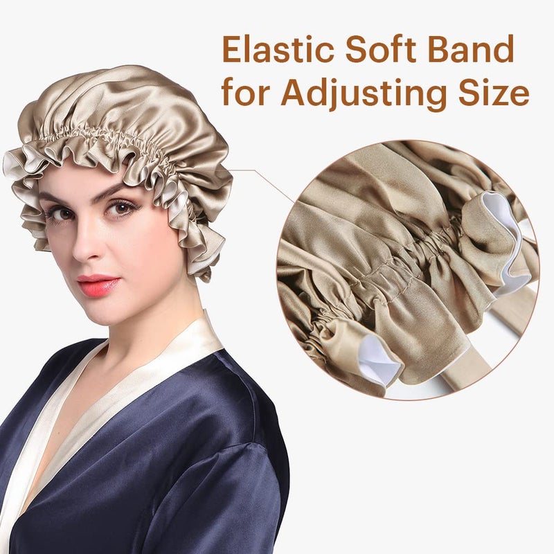 LilySilk Pure Silk Lined Cap for Women Sleep, Double Layered, Adjustable Ribbons, Luxury Natural Silk Bonnet Cap for Sleeping Coffee+White - Image 3